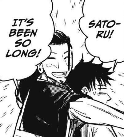 manga panel of geto suguru holding okkotsu yuta saying 'satoru! it's been so long!'
